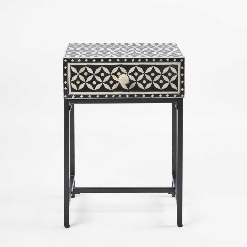 Stella Bone Inlay Bedside Table Black/White/Black Base
