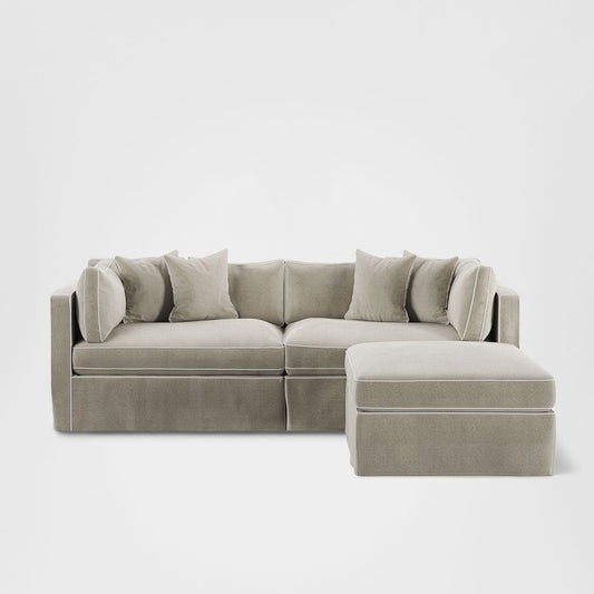 Marbella Modular 4 Seater Reversible Ottoman Chaise Sofa Natural W/White Piping
