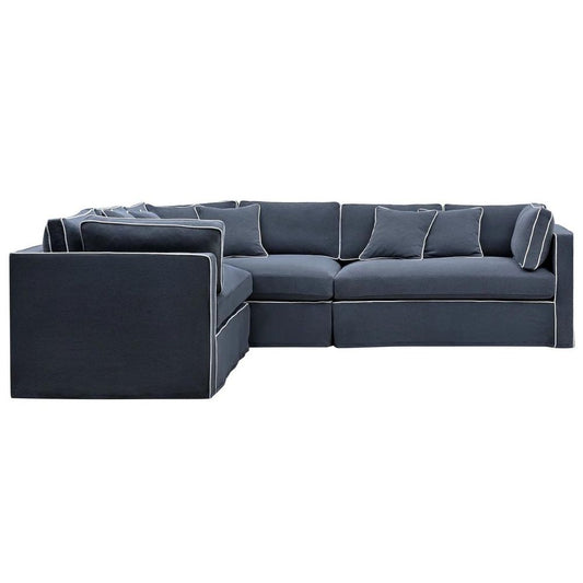 Marbella Modular Sofa Navy W/White Piping - Left Facing