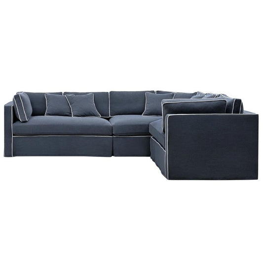 Marbella Modular Sofa Navy W/White Piping - Right Facing