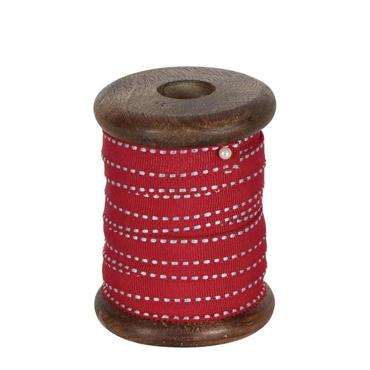 Red Ticking Grosgrain Ribbon On Wooden Spool 10M