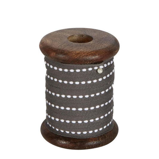 Grey Ticking Grosgrain Ribbon On Wooden Spool 10M
