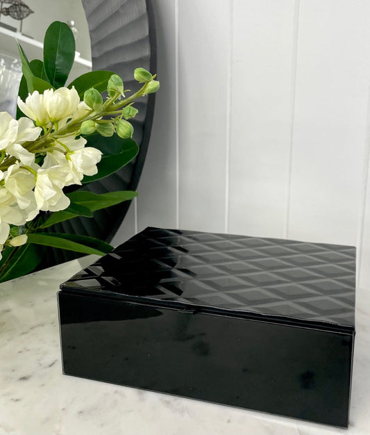 94J - Black Glass Diamond Box Small 21 X 15Cm