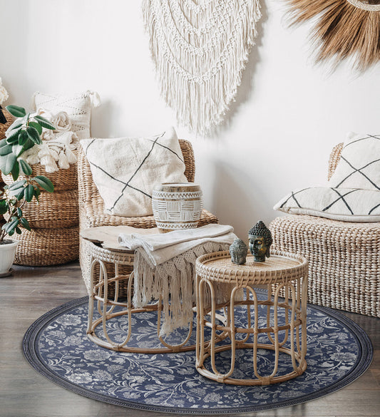 Bohemian Garden Indigo Flower Round Vinyl Rug Lifestyle