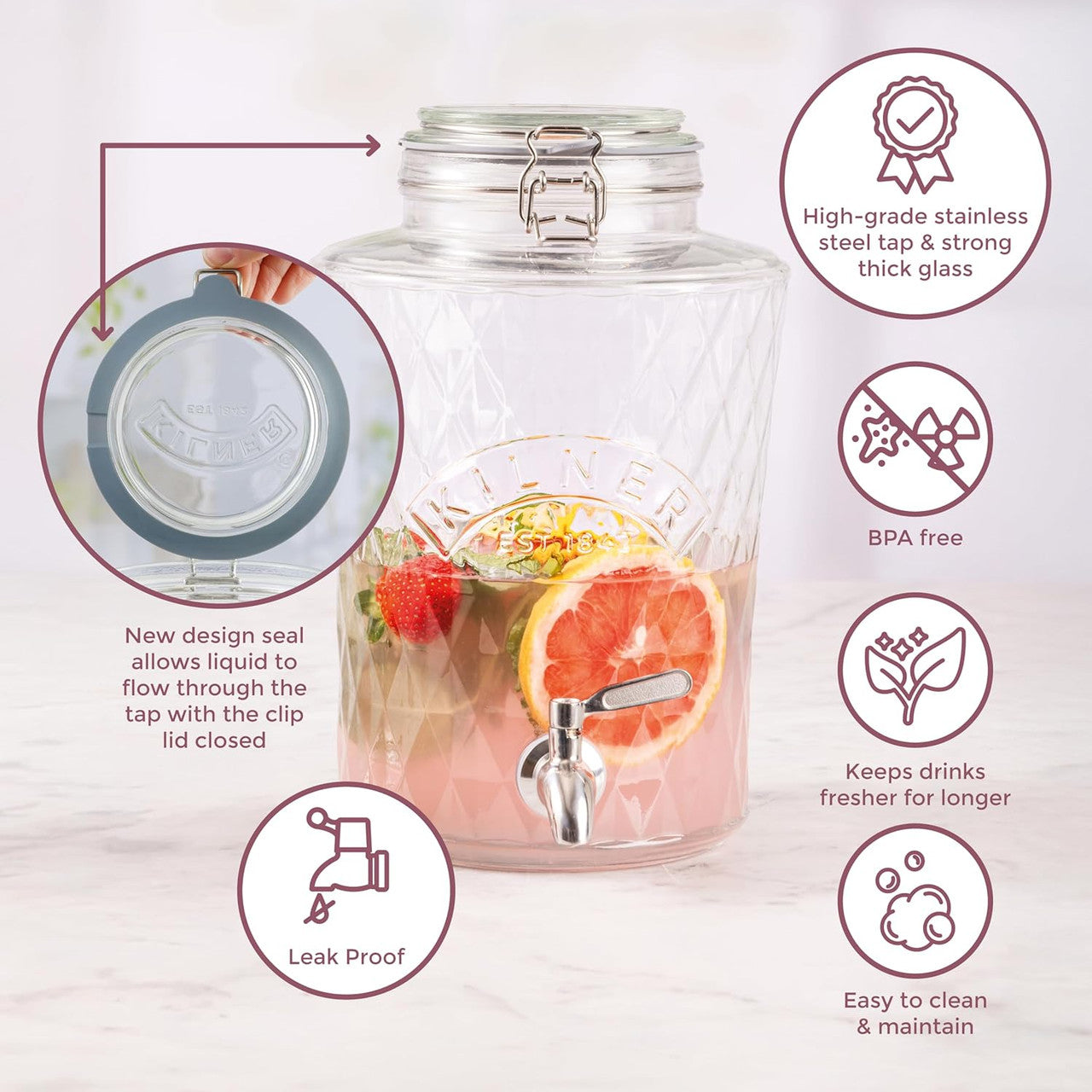 Kilner - Clip Top Diamond Drink Dispenser with Stainless Steel Tap, 5 Litre - 30x20cm