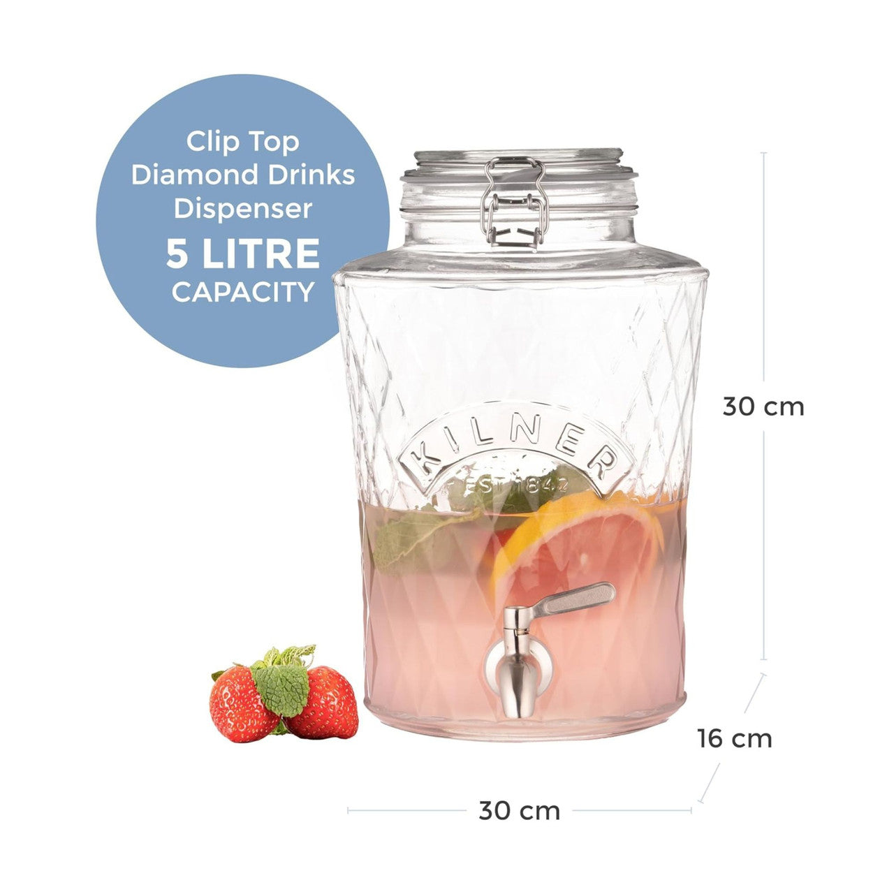 Kilner - Clip Top Diamond Drink Dispenser with Stainless Steel Tap, 5 Litre - 30x20cm