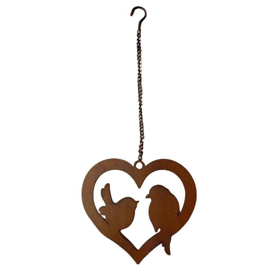 Hanging Rust Heart w/Lovebirds on Chain 20x1x20-60cm