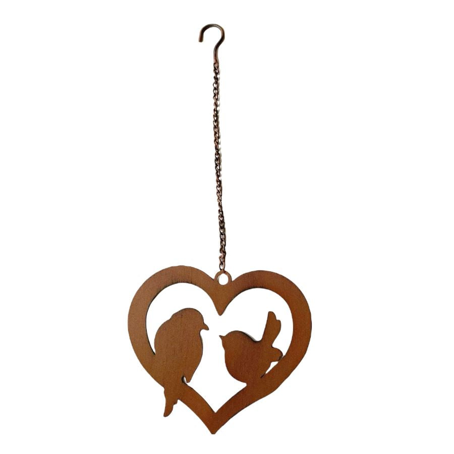 Hanging Rust Heart w/Lovebirds on Chain 20x1x20-60cm