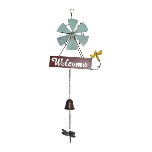 Hanging Welcome Windmill w/Bell + Dragonfies 31.5x6.5x88cm