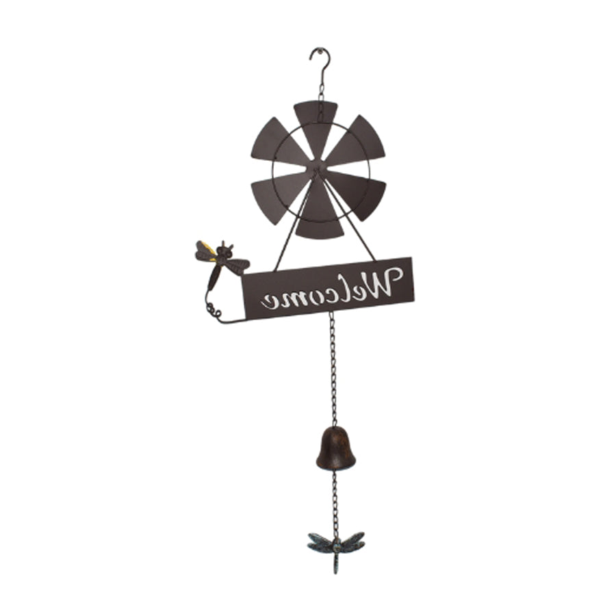 Hanging Welcome Windmill w/Bell + Dragonfies 31.5x6.5x88cm