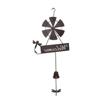 Hanging Welcome Windmill w/Bell + Dragonfies 31.5x6.5x88cm