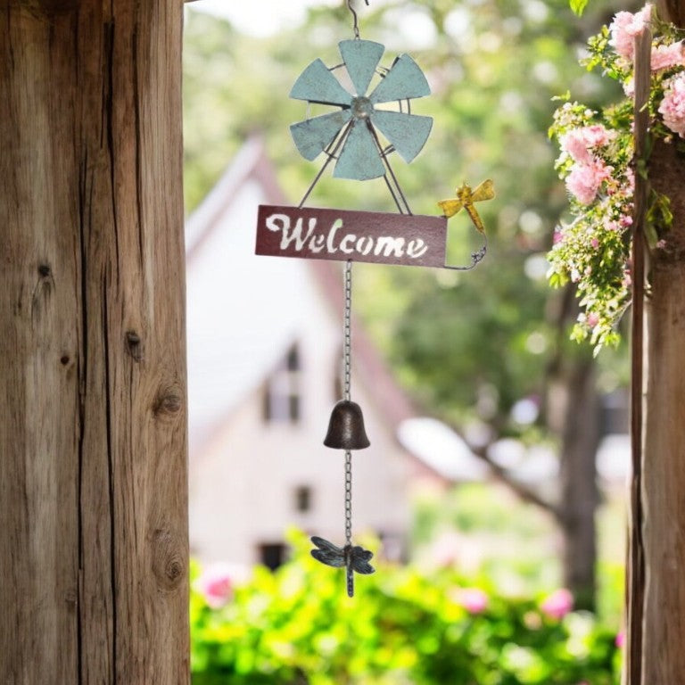 Hanging Welcome Windmill w/Bell + Dragonfies 31.5x6.5x88cm