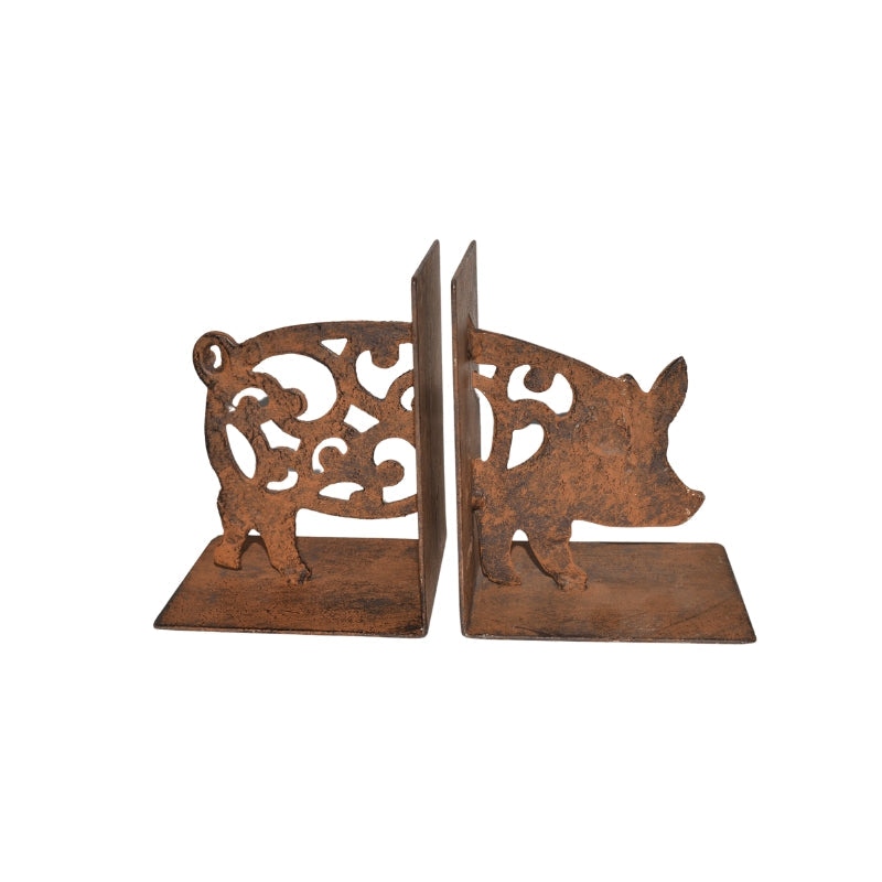 Cast Iron Fleur Pig Bookends Set 9x11x14cm