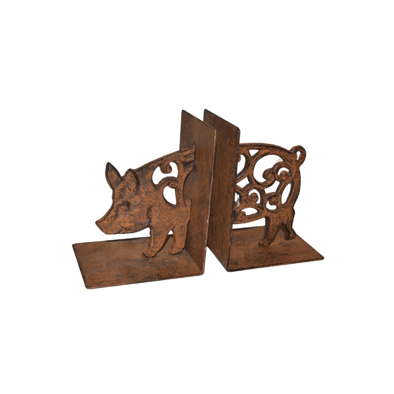 Cast Iron Fleur Pig Bookends Set 9x11x14cm