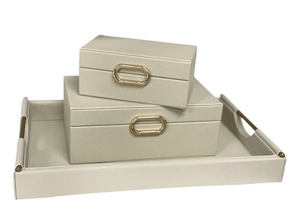 101 Cream Leather Look Tray W/Gold Rod Handle 46Cm