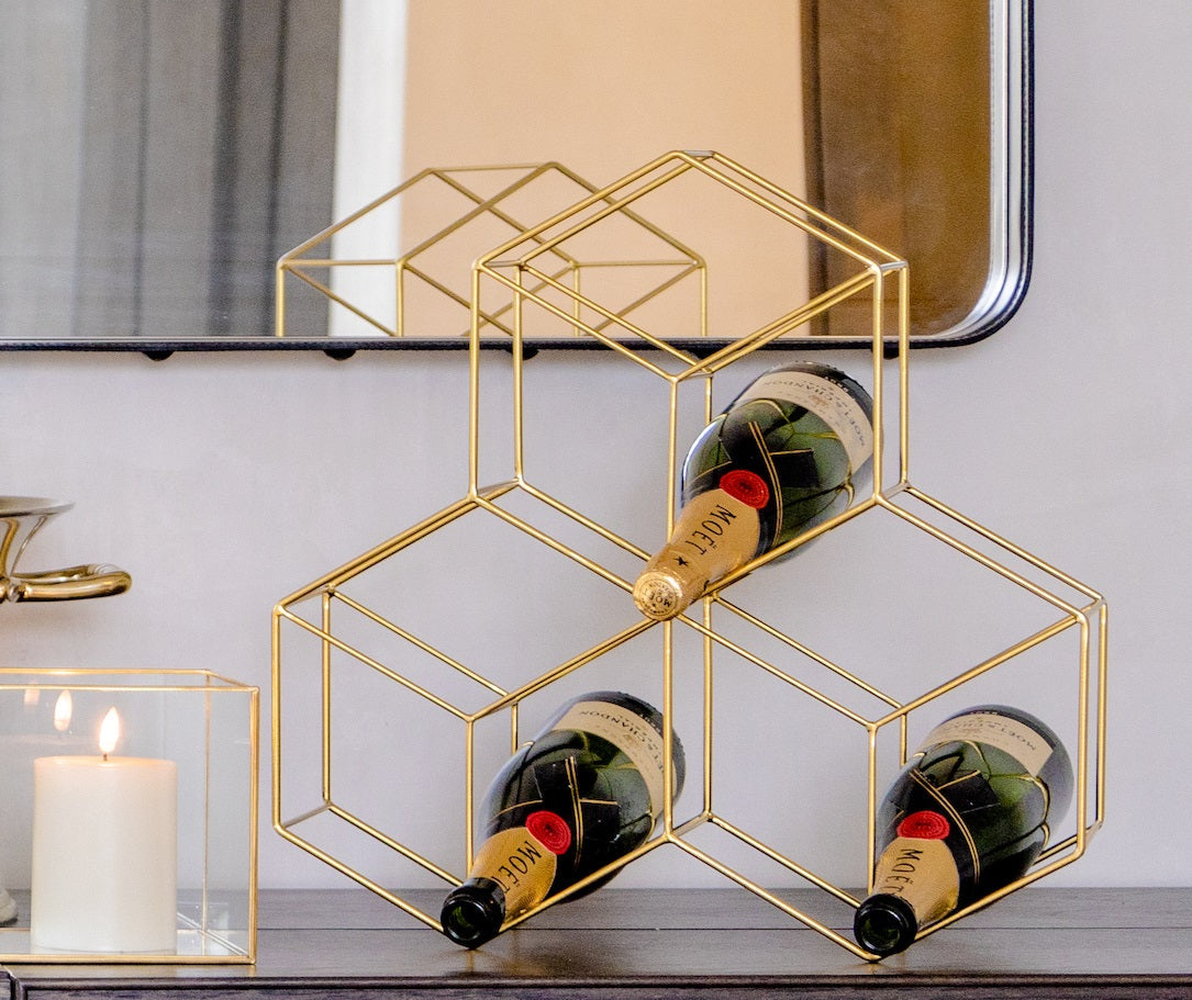 100A - Gold Wine Rack - 9 Bottle - These Interlock Into Each Other To Hold Many Bottles
