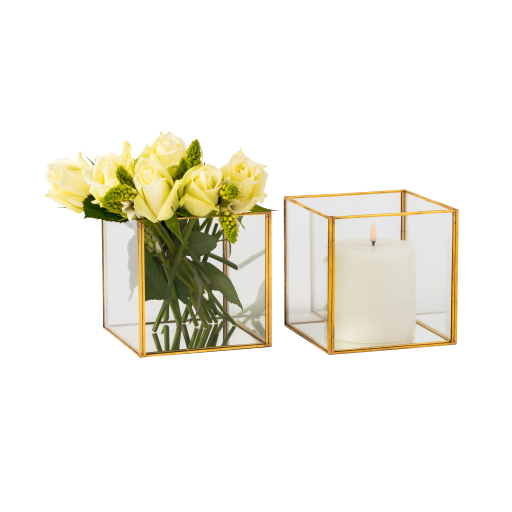 100H - Square Candle Holder Glass/Gold
