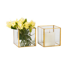 100H - Square Candle Holder Glass/Gold