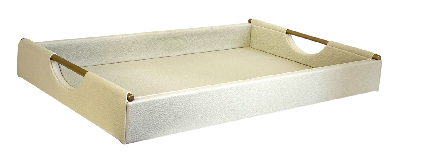 101 Cream Leather Look Tray W/Gold Rod Handle 46Cm