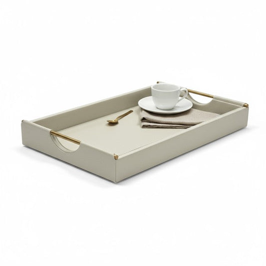 101 Cream Leather Look Tray W/Gold Rod Handle 46Cm