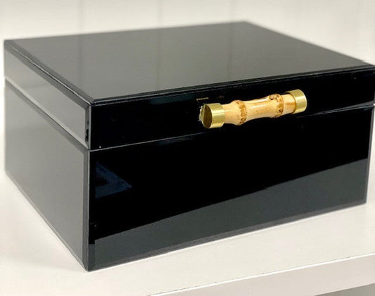 102C - Black Glass Jewel Box W/Bamboo Handle - Last 1 Left!