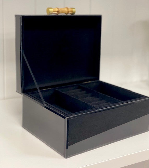 102C - Black Glass Jewel Box W/Bamboo Handle - Last 1 Left!