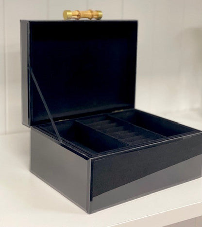 102C - Black Glass Jewel Box W/Bamboo Handle - Last 1 Left!
