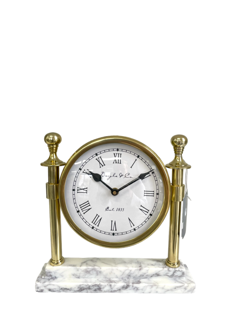 109C - Round Column Clock White Marble Base: Gold