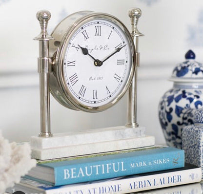 109E - Round Column Clock White Marble Base:Silver