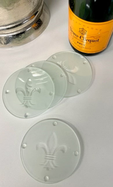 125R - Glass Coasters Frost Set 4 Fleur De Lyes