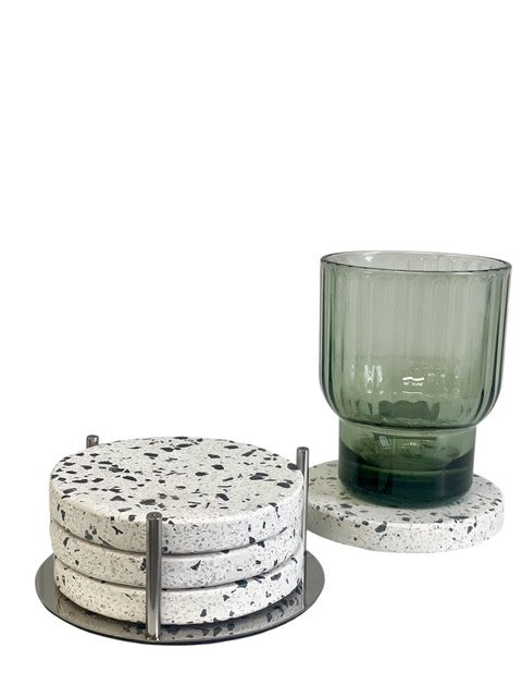 125T Marble Terrazzo Coasters 4Pcs In Silver Stand