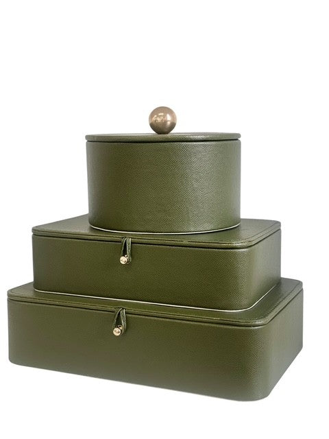 126Y  Moss Green Stitched W/Gold Decor Box Round 16X9