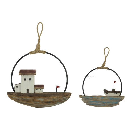 Set/2 Asst Handcrafted Round Boat/Beach Wall Art 28x2x20cm