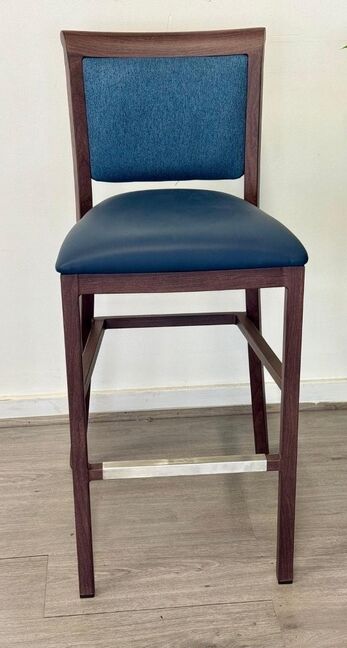 Hudson Bar Stool Chair. Faux Leather Seat. Backrest In Blue Fabric