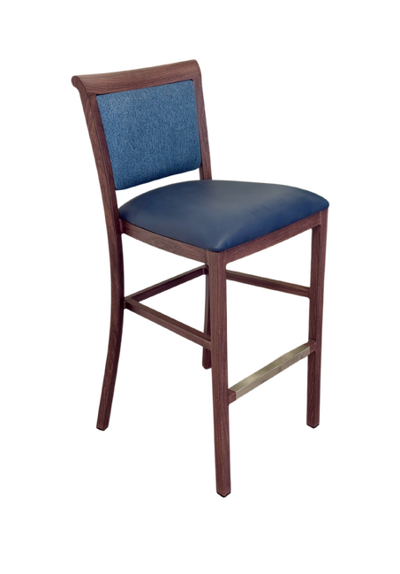 Hudson Bar Stool Chair. Faux Leather Seat. Backrest In Blue Fabric