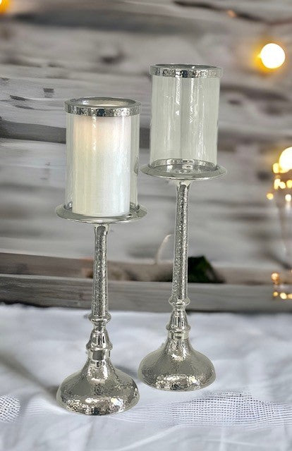 147P - Hammered Pillar Candlestick W/Glass 43Cm