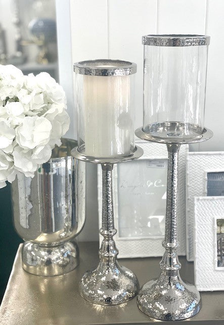 147Q - Hammered Pillar Candlestick W/Glass 48Cm