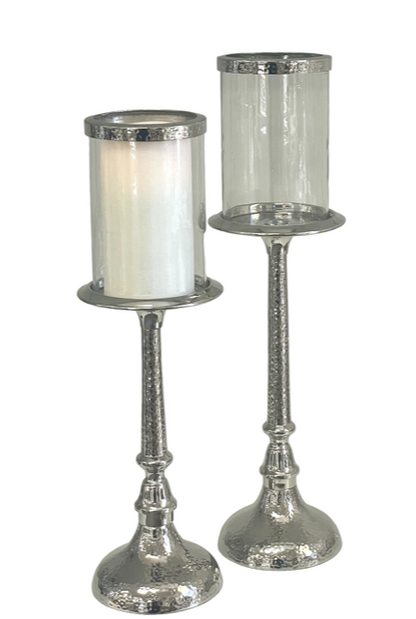 147Q - Hammered Pillar Candlestick W/Glass 48Cm