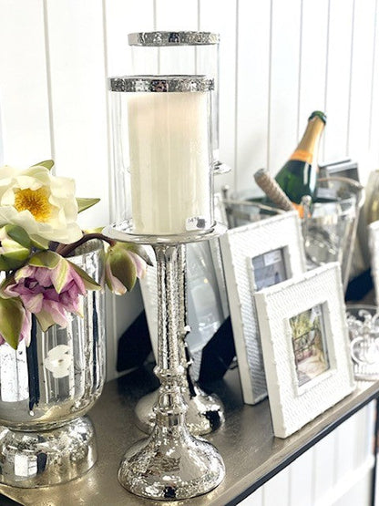 147P - Hammered Pillar Candlestick W/Glass 43Cm