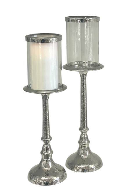 147P - Hammered Pillar Candlestick W/Glass 43Cm