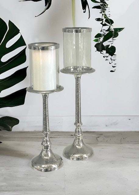 147Q - Hammered Pillar Candlestick W/Glass 48Cm