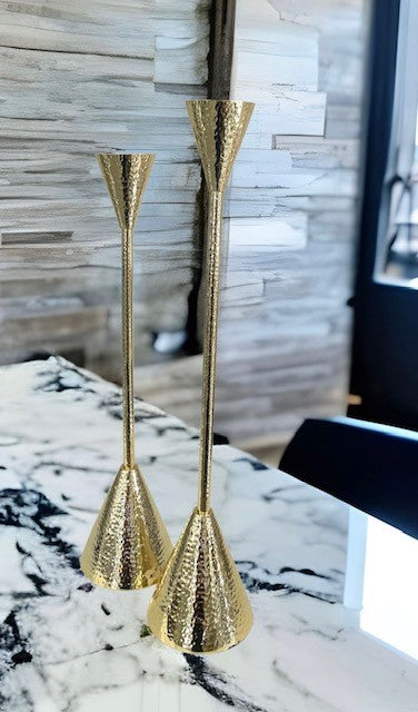 147X - Slender Hammered Bell Candlestick Gold Large 49Cm