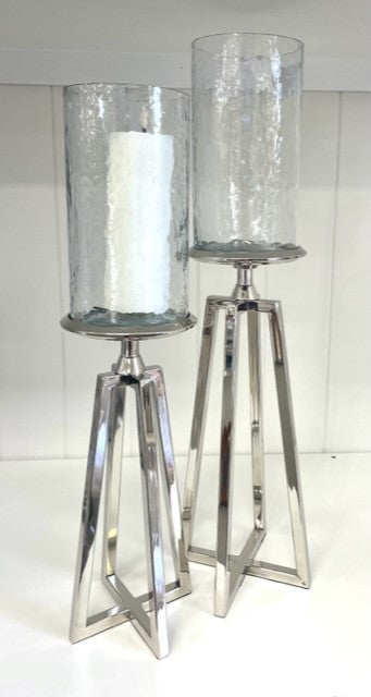148W - Quattro Nickle Candlestick Silver W/Hammered Glass 54Cm