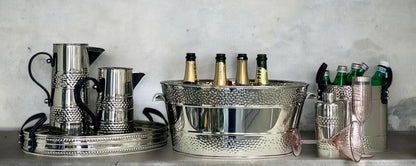 391H - Stainless Steel Oval Double Band Border Tray W/Leather Handles 47Cm