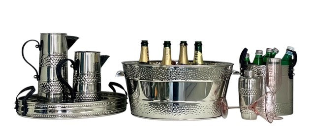 391H - Stainless Steel Oval Double Band Border Tray W/Leather Handles 47Cm