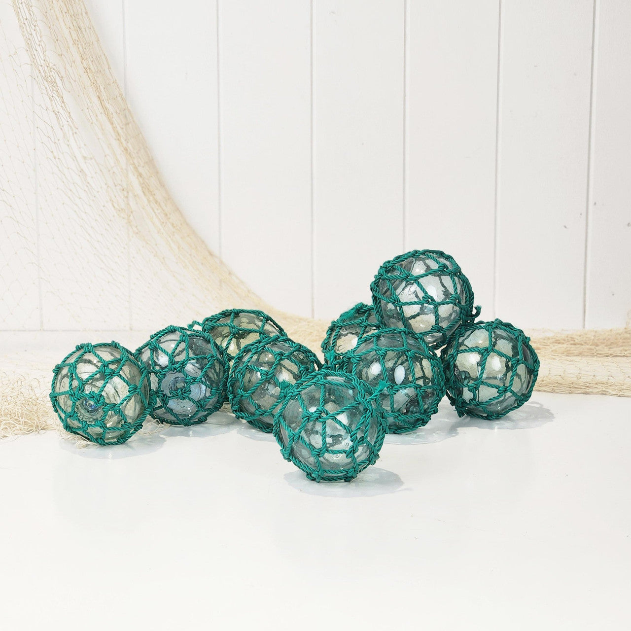 Set 5 X 2.5" Glass Float - Green Rope #0101G