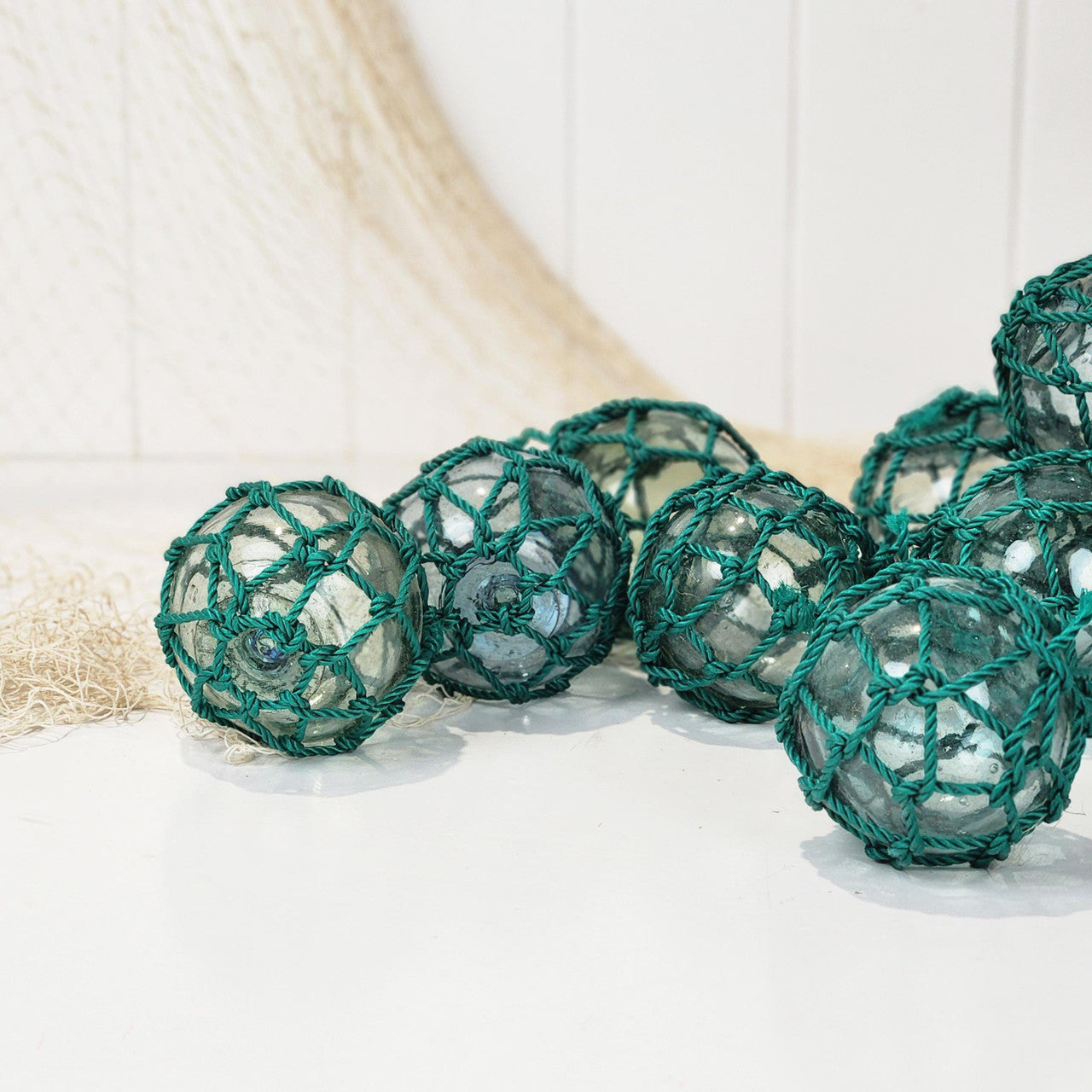 Set 5 X 2.5" Glass Float - Green Rope #0101G