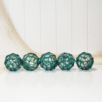 Set 5 X 2.5" Glass Float - Green Rope #0101G