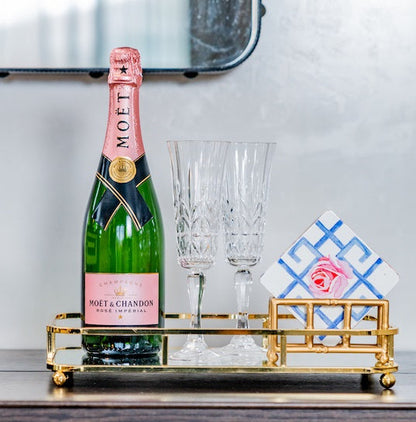 96G - Gold Bamboo Stand W/4 Coasters Blue & Pk