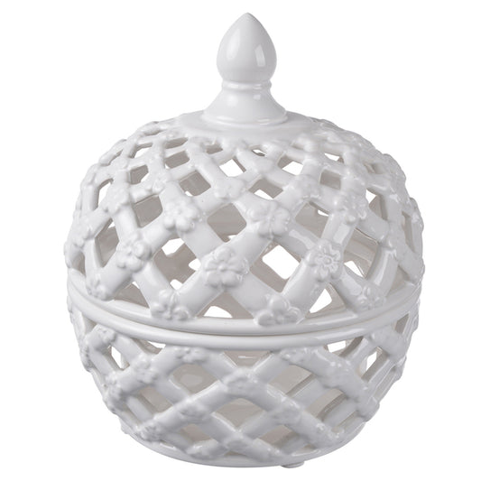 Lattice Decorative Lidded Jar Flower Motive. White Colour And Contemporary Style